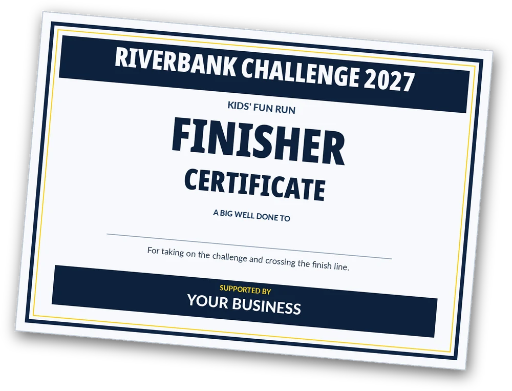 Kids' Fun Run Sponsor — Illustrative certificate concept. Children's medal and certificate artwork to be confirmed.