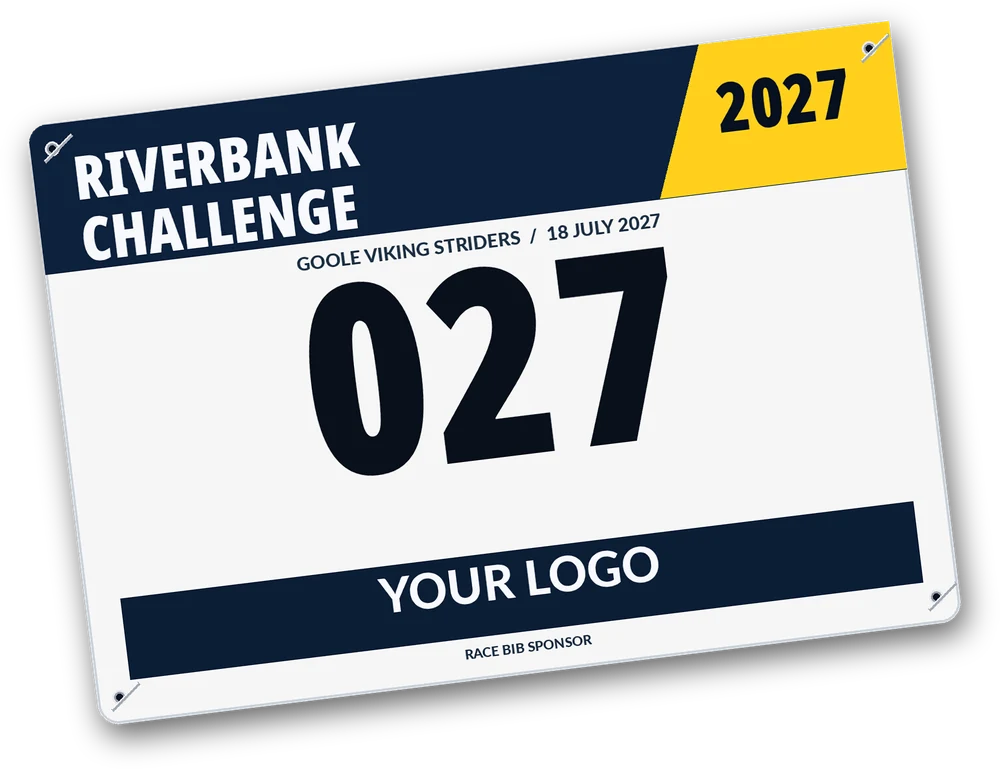 Race Bib Sponsor — Illustrative race-number design. Sponsor branding and final artwork are subject to agreement.
