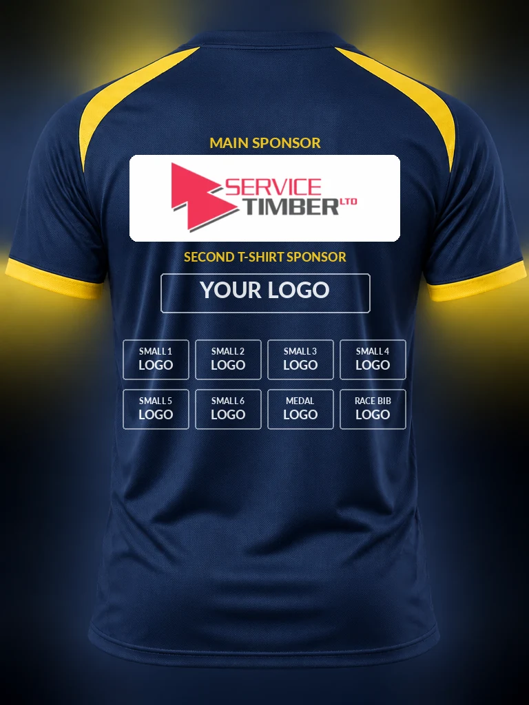 Second T-shirt Sponsor — 1 Lead logo · 2 Second sponsor · 3 Eight-logo grid. Your logo sits directly below Service Timber's.